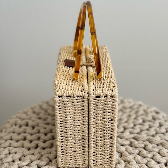 Stylish Tan Woven Bag with Yellow Handles - Picture 3 of 4